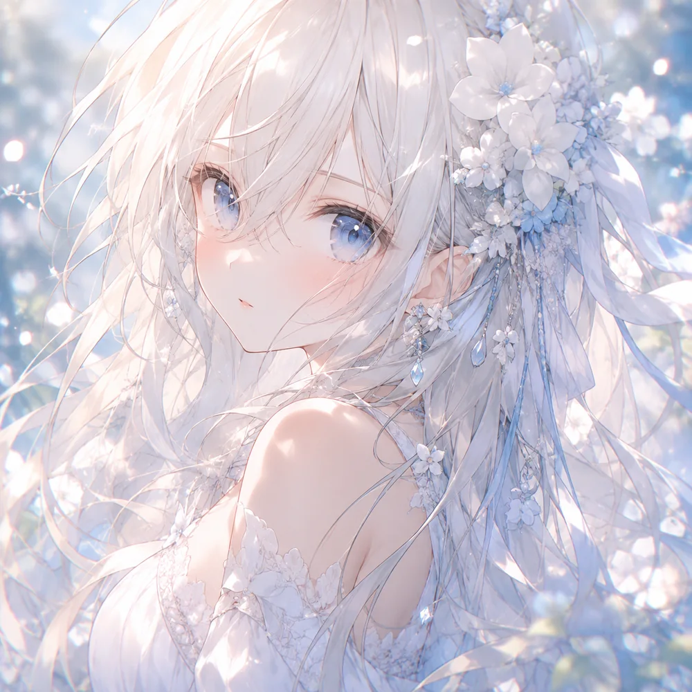 花を飾った銀髪の少女のイラスト