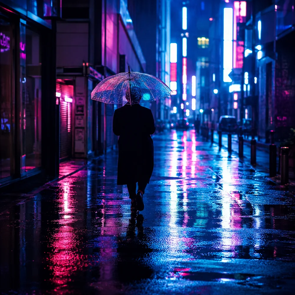 雨の夜の東京、ネオンが反射する街並み